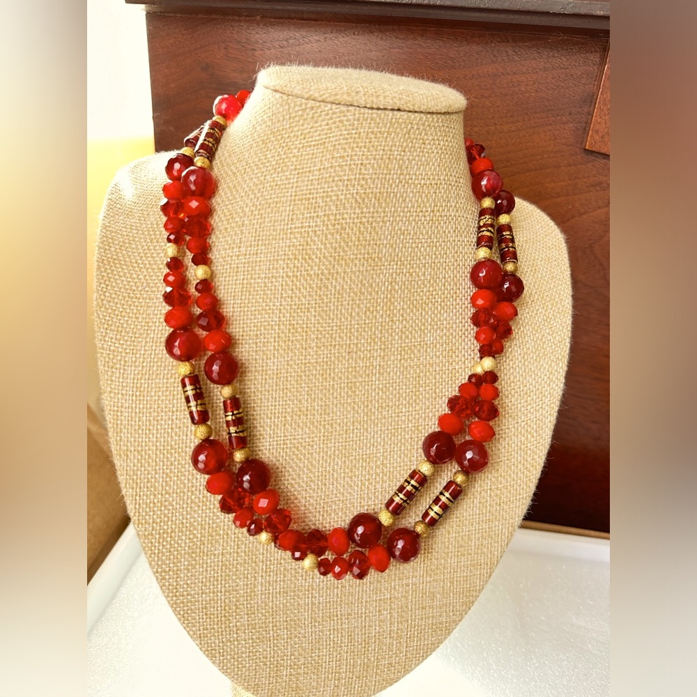 Italian red glass two matching beaded necklaces gold foil 20”